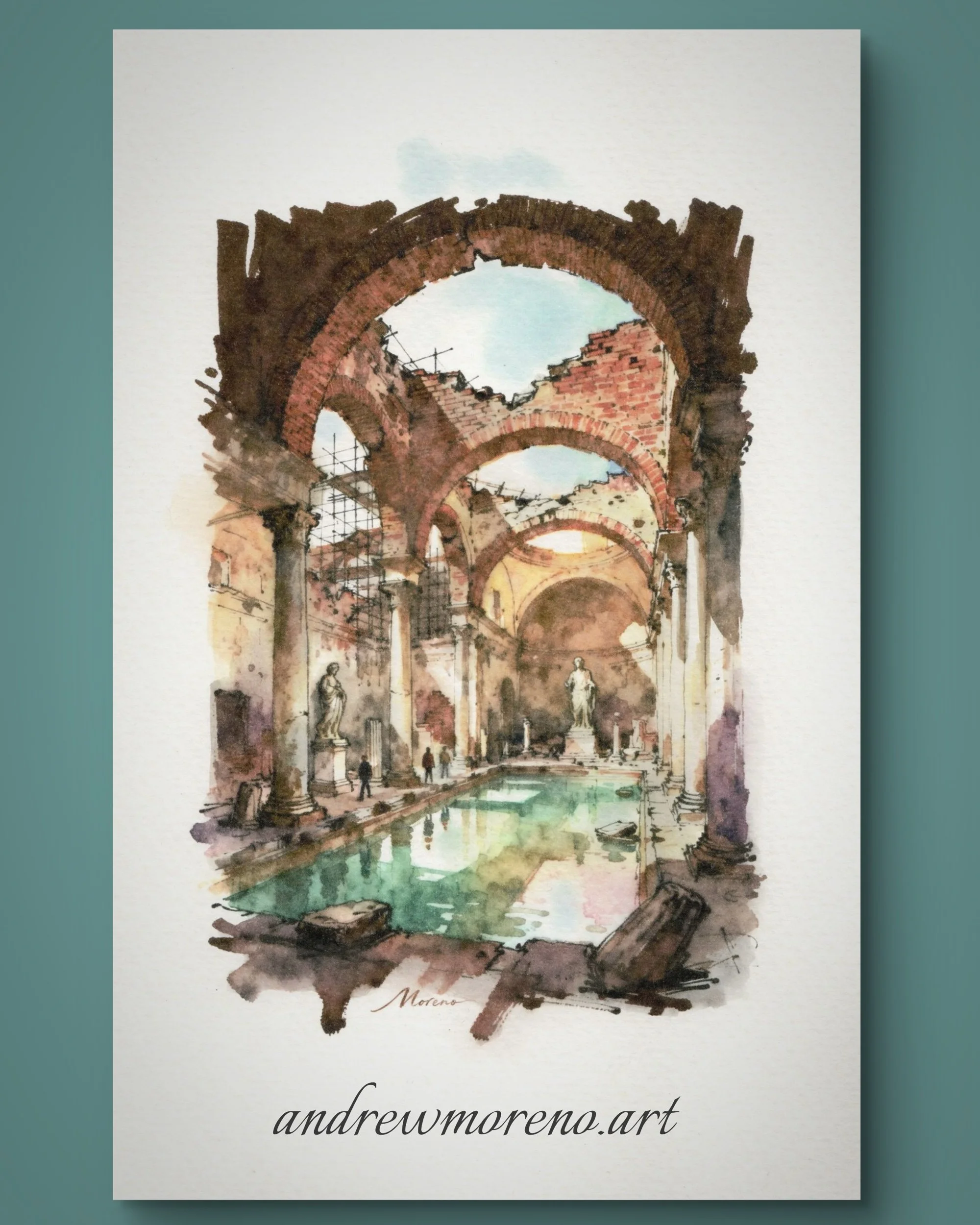 Original Roman Bath Watercolor Pen & Ink Painting 5.5x8.5 Signed Book Page Art