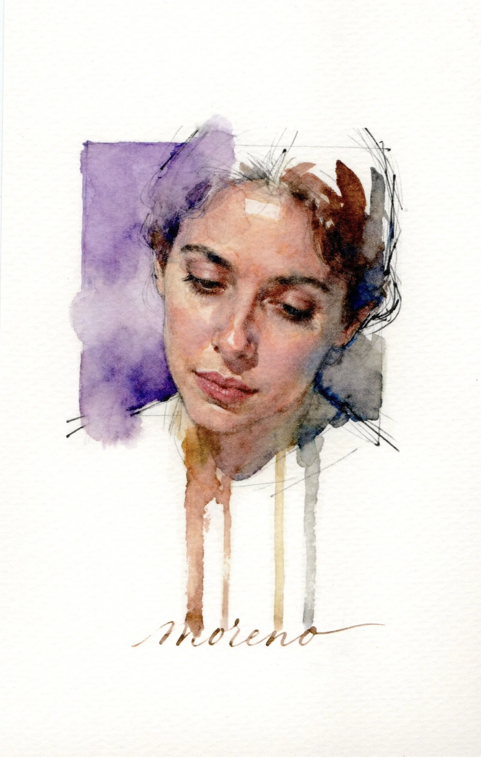 Watercolor portrait of a woman with short curly hair, closed eyes, and a thoughtful expression, with the name 'Moren' written below.