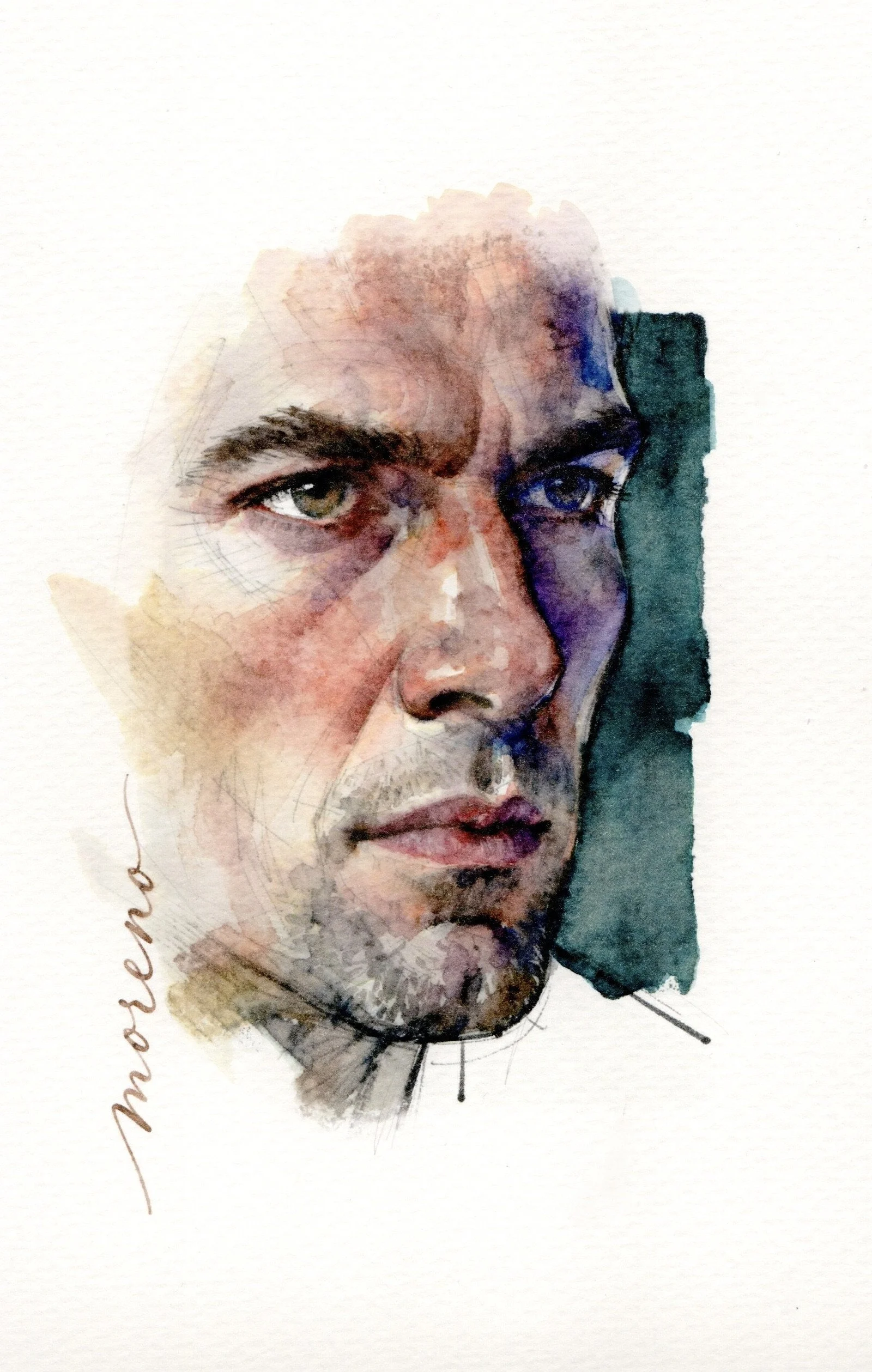 Watercolor portrait of a man with intense eyes and dark hair, part of the face visible with a slightly serious expression, with a signature on the left side.