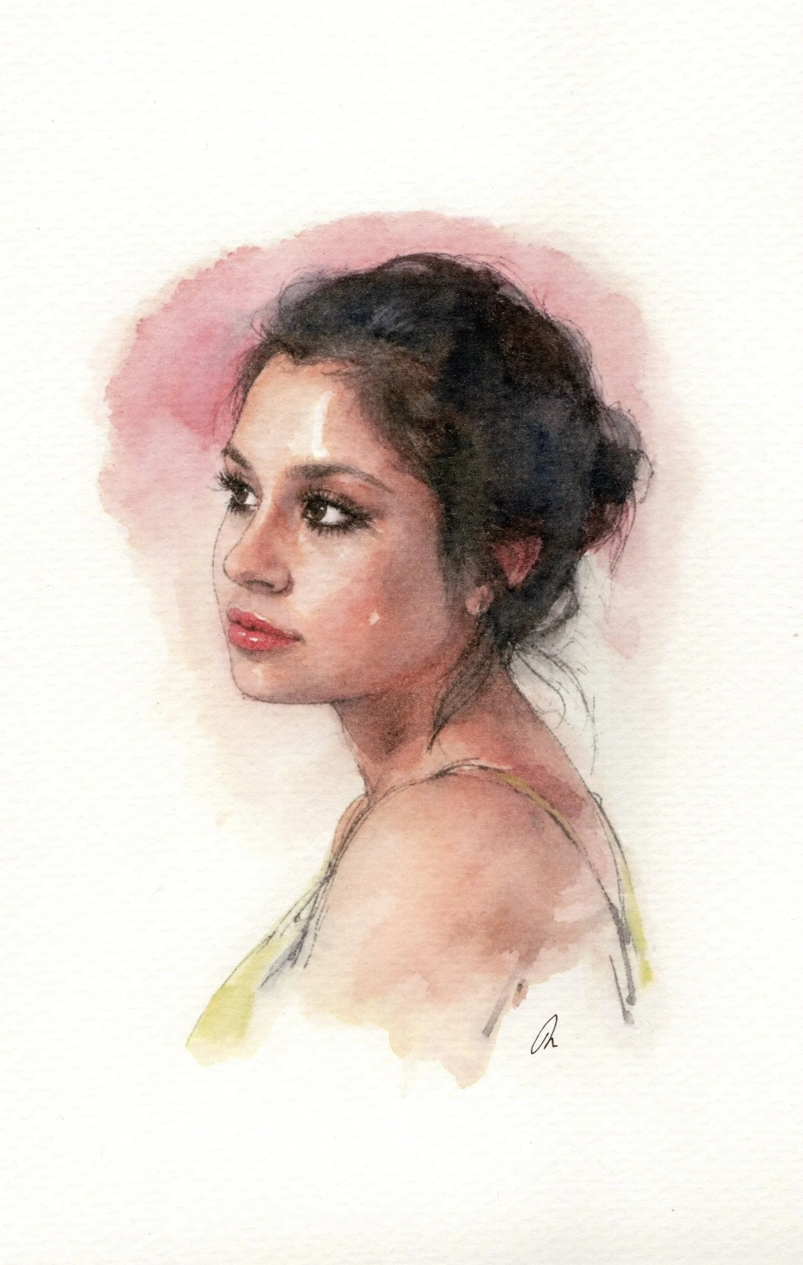 Watercolor portrait of a woman with dark hair, wearing a yellow top, looking to the side with a pink watercolor background.