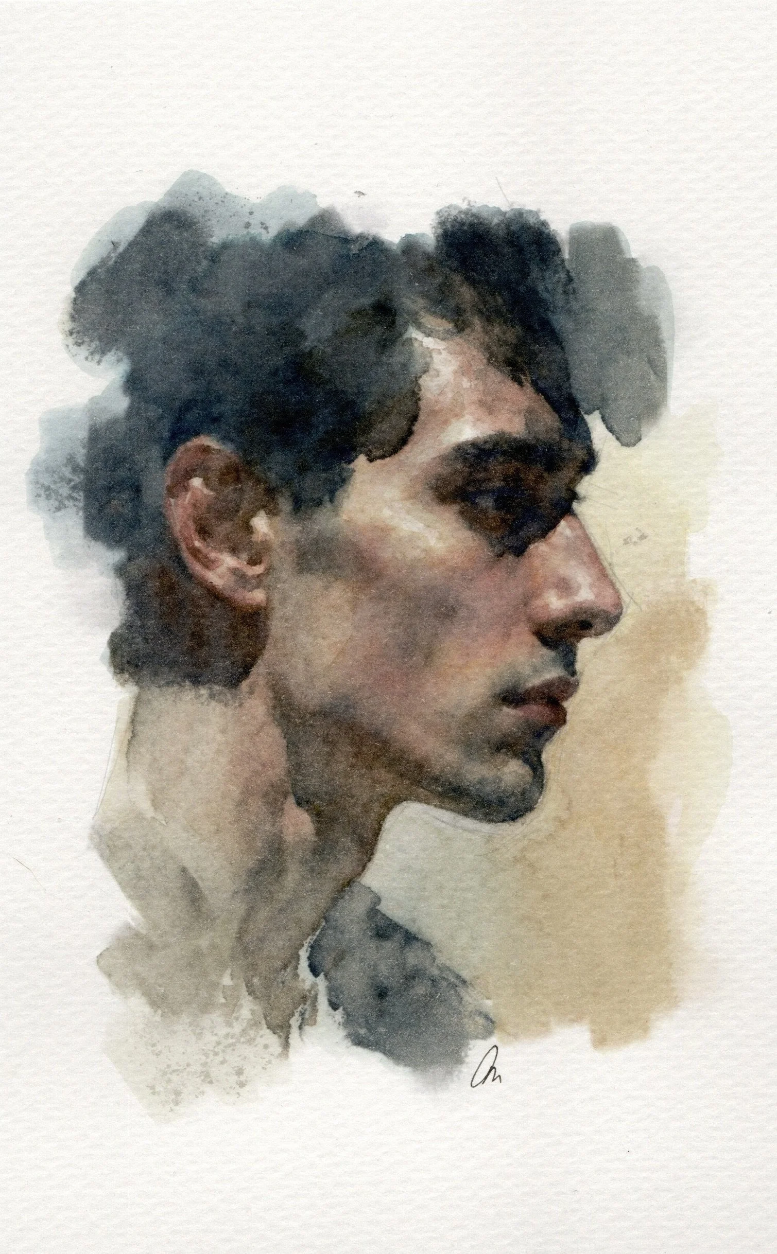 Watercolor portrait of a young man in profile with dark, wavy hair and a contemplative expression.