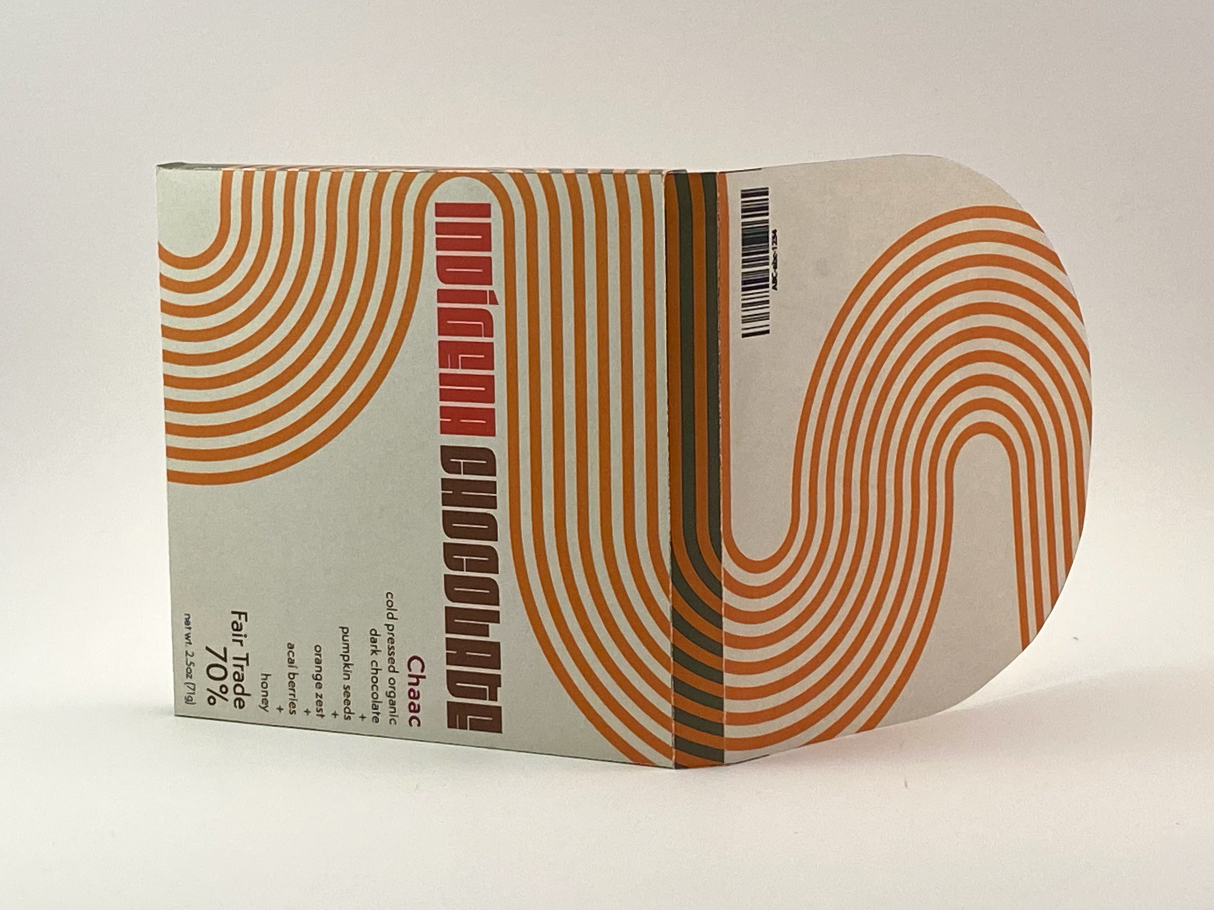 Chaac Bar. Mock-up, individual chocolate bar, exterior wrapper design. View of front + back flap of wrapper.