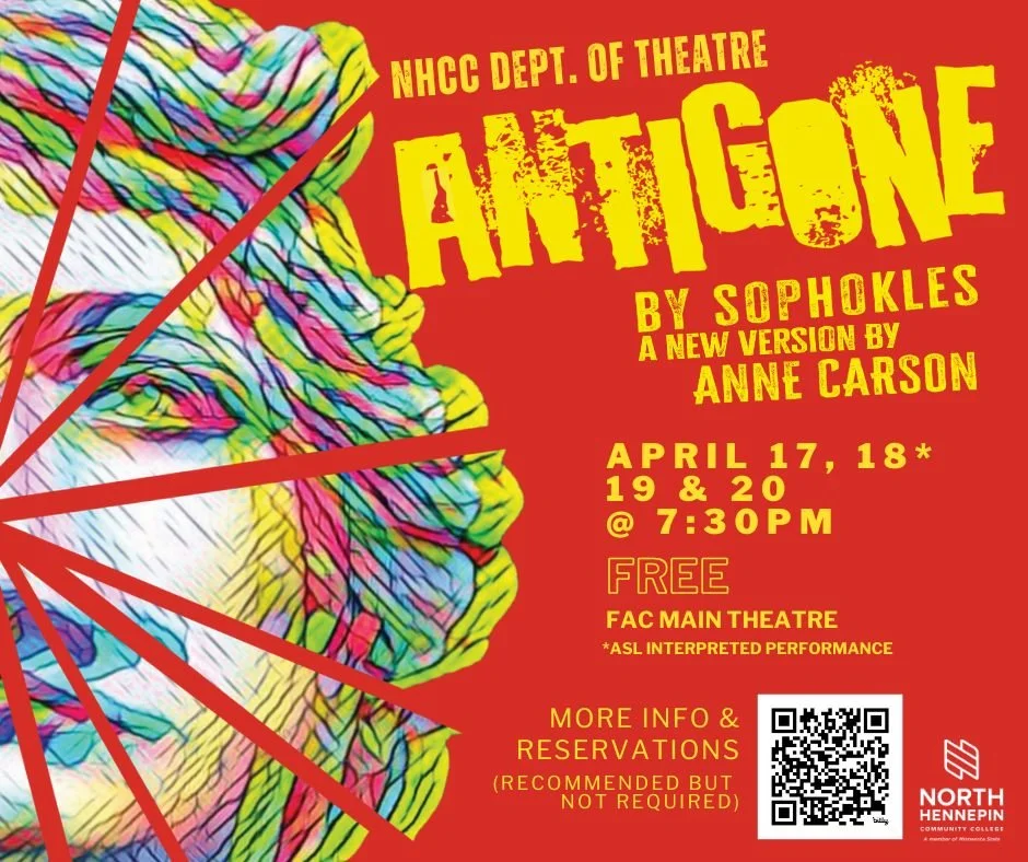 Red background. The words "Antigone" are in yellow on red field. Illustration of a woman's head fissured with cracks on left hand side.