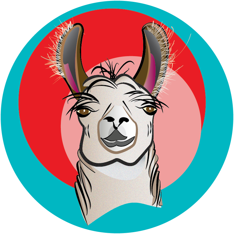 Illustration of a llama's head with blue, red, and pink border.