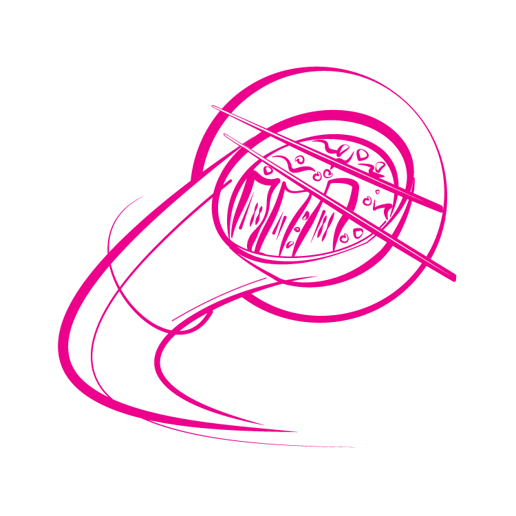 Illustration of a bowl of ramen with chopsticks  in fuschia.