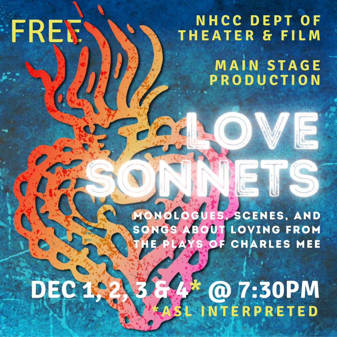 Illustration of multi-colored heart against blue background. The words "Love Sonnets" in white across image.