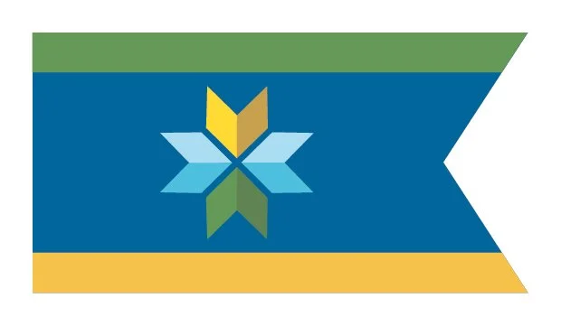Flag with blue, green, and yellow stripes. Multi-colored star in front of stripes.