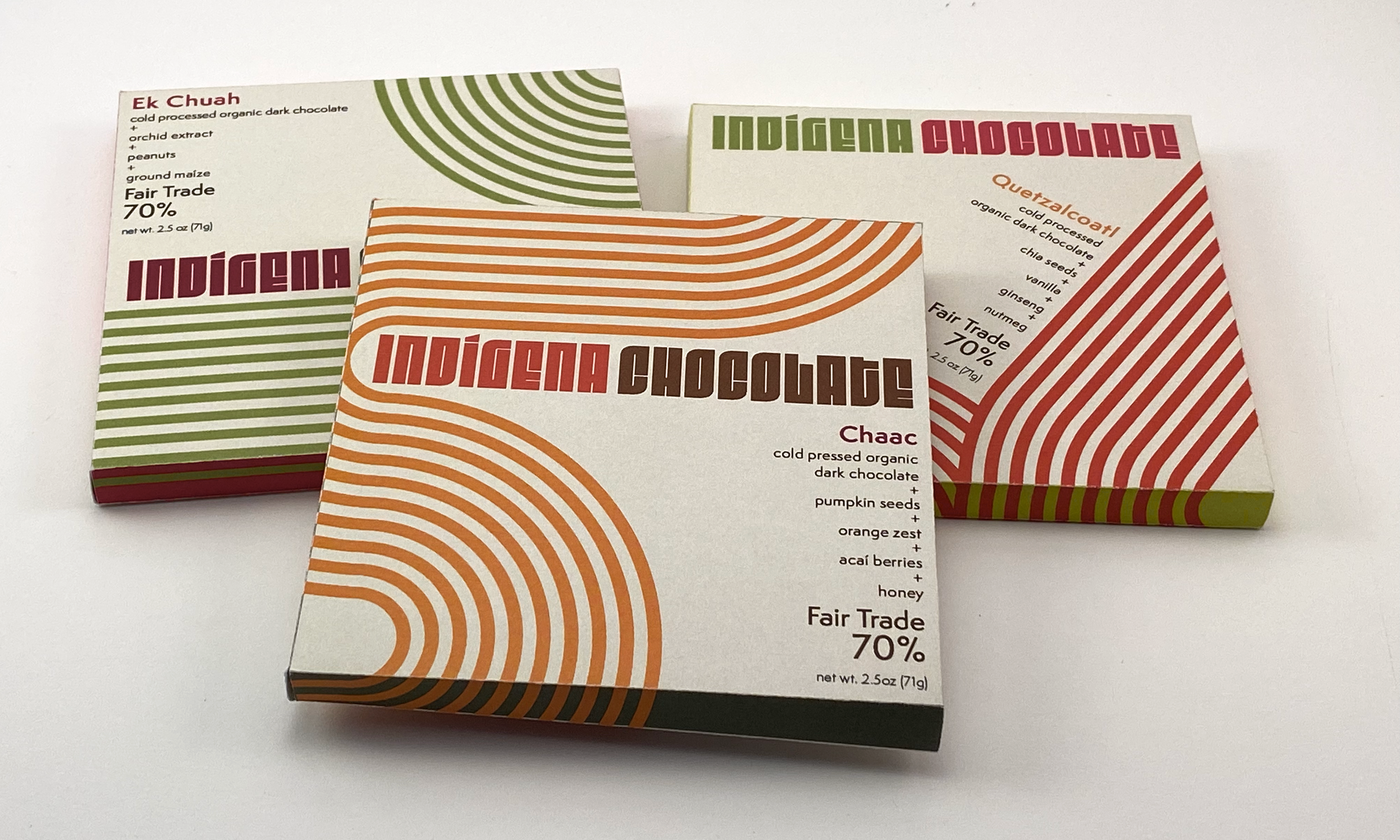 Indígena Chocolate. Mock-ups, individual chocolate bar wrappers, front views