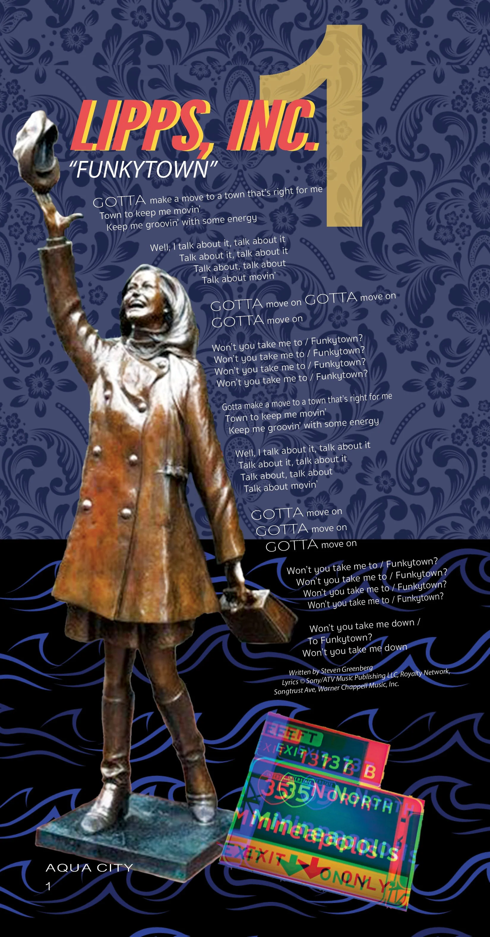 Blue background with a statue of Mary Tyler Moore in front and song lyrics surround