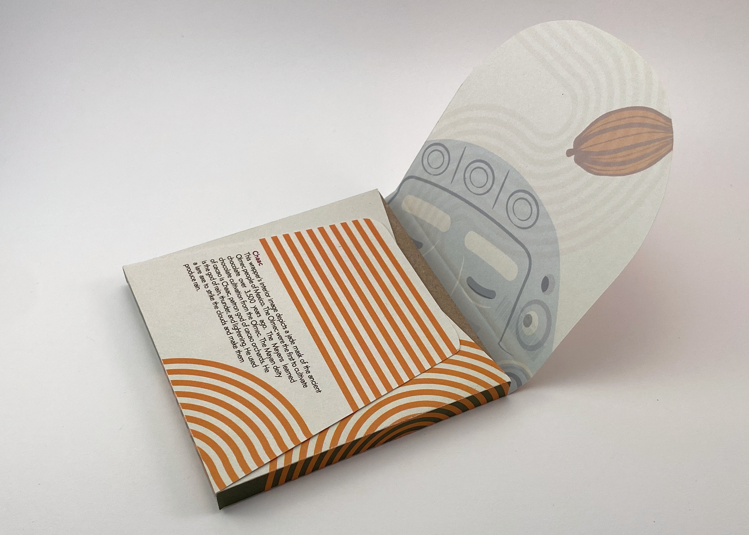 Chaac Bar. Mock-up, individual chocolate bar, exterior & interior wrapper design view, back