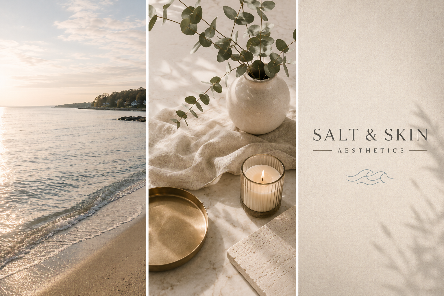 Sea light and eucalyptus branches, evoking the calm coastal feel of Salt & Skin Aesthetics in Waterford, CT.