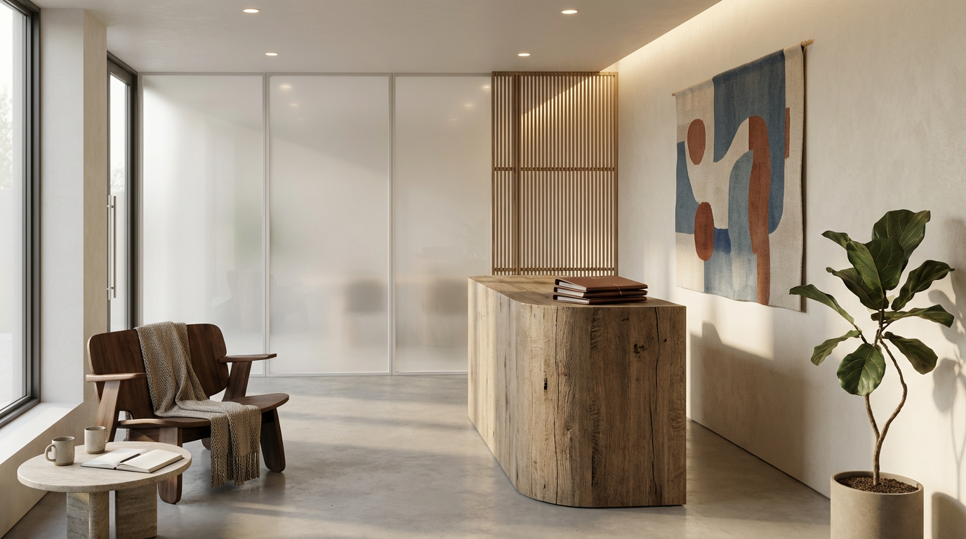 Modern interior reception area with concrete floors, wooden reception desk, wall art, potted plant, and seating area with two chairs and a small table.