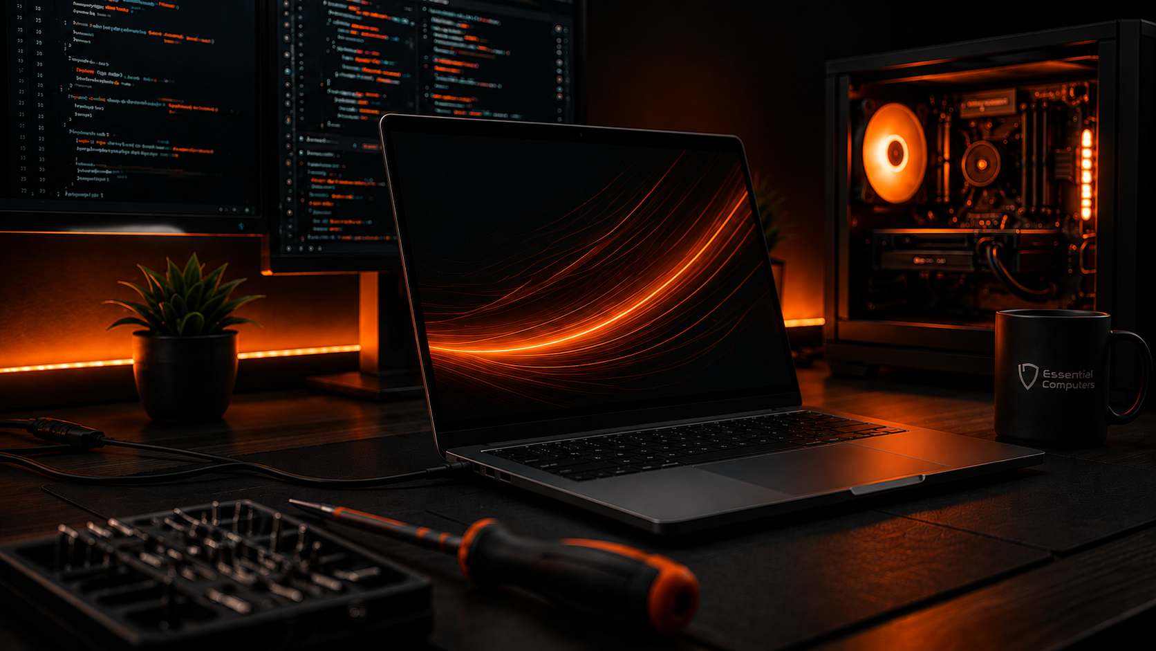 A computer setup with a laptop displaying a glowing orange abstract pattern, two monitors showing lines of code, a gaming desktop with orange lighting, a black mug labeled 'Essential Computers', a small potted plant, a screwdriver, and a screwdriver stand, all on a wooden desk with orange LED lighting accents.