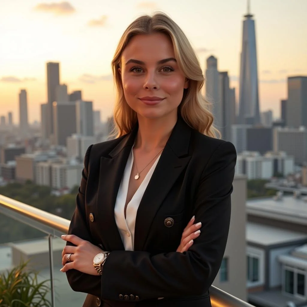 A woman with blonde hair and a black blazer stands on a rooftop balcony with a city skyline background, including the Transamerica Pyramid, during sunset.