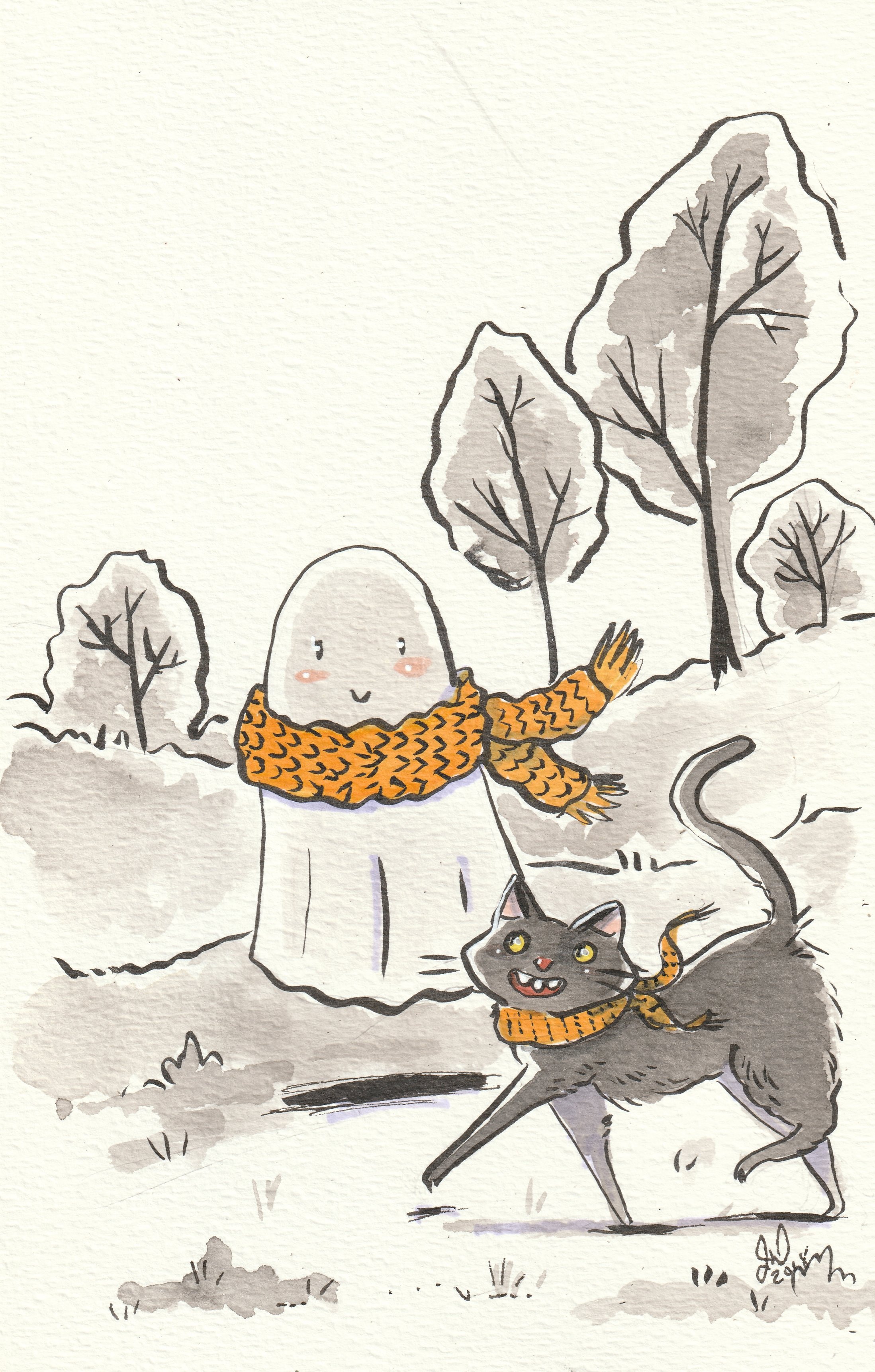 A cute, cartoon-style drawing of a white ghost wearing an orange scarf with black zigzag patterns, standing outdoors among trees and bushes. The ghost has a smiling face with blushing cheeks and small black eyes. A black cat with a matching orange scarf, yellow eyes, and a playful expression is jumping in front of the ghost, with one paw raised.