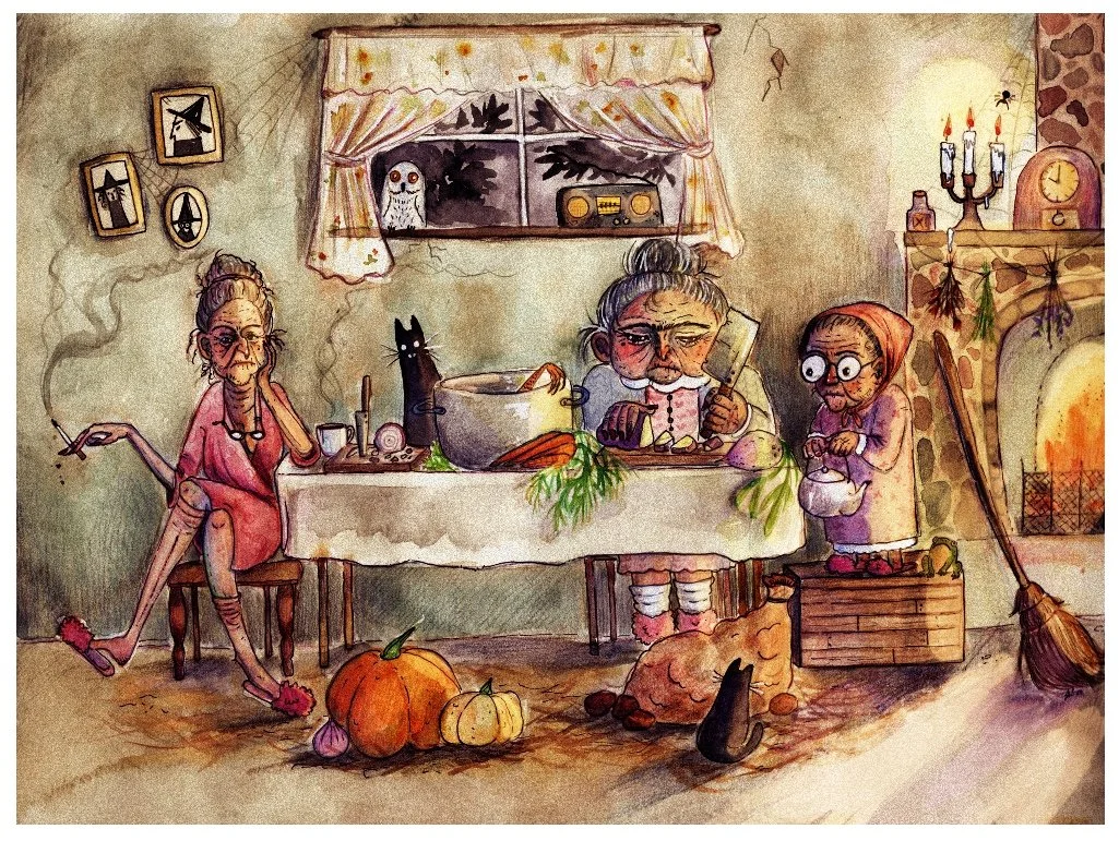A cozy, rustic kitchen scene during Halloween with three witches, a black cat, pumpkins, and a fire in the fireplace.