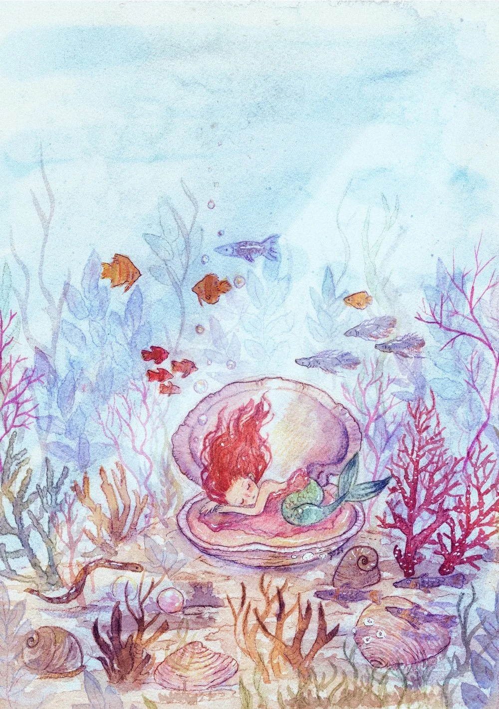 Watercolor illustration of a girl sleeping inside a seashell under the sea, surrounded by colorful fish, coral, seashells, and aquatic plants.