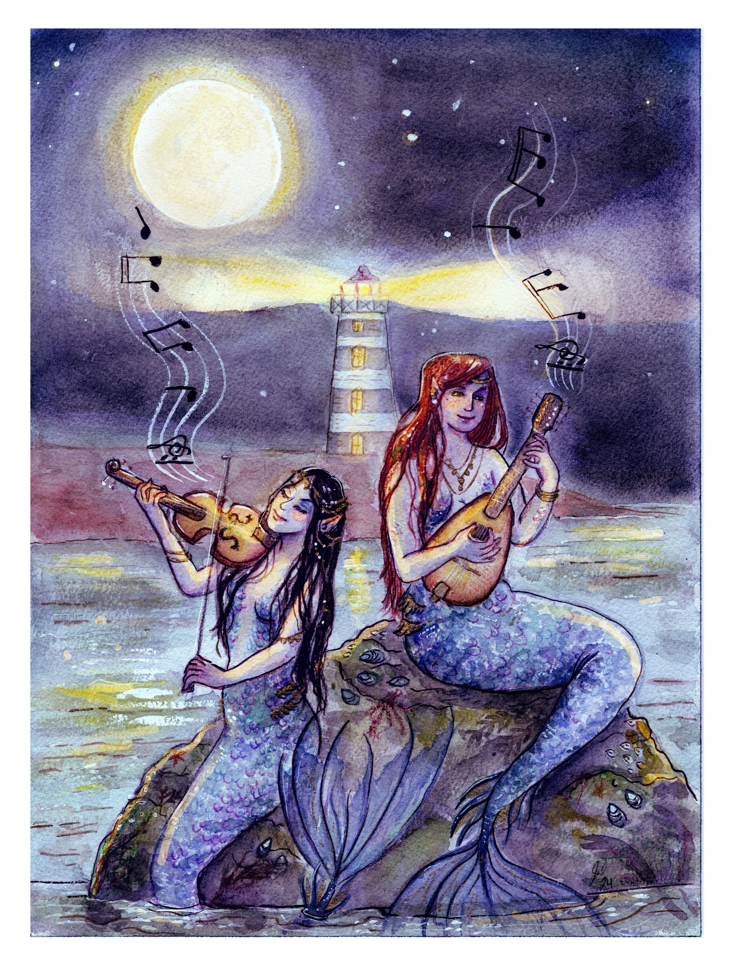 Watercolor painting of two mermaids sitting on a rock by the ocean under a full moon, with one playing a guitar and the other playing a violin, a lighthouse in the background, and a starry night sky.