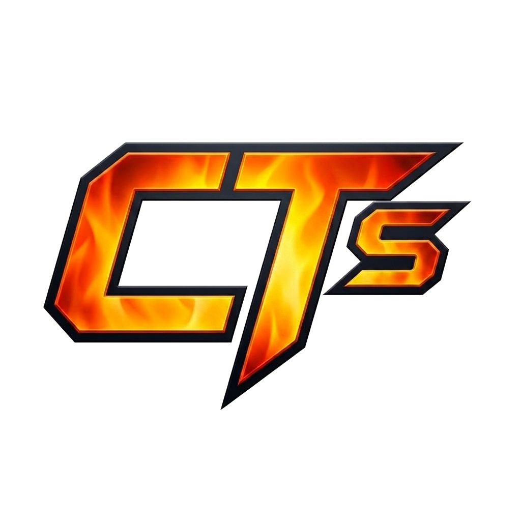 Logotipo oficial de Compu Tuning Studio con las letras CTS en estilo de llamas de fuego y bordes negros sobre fondo transparente.