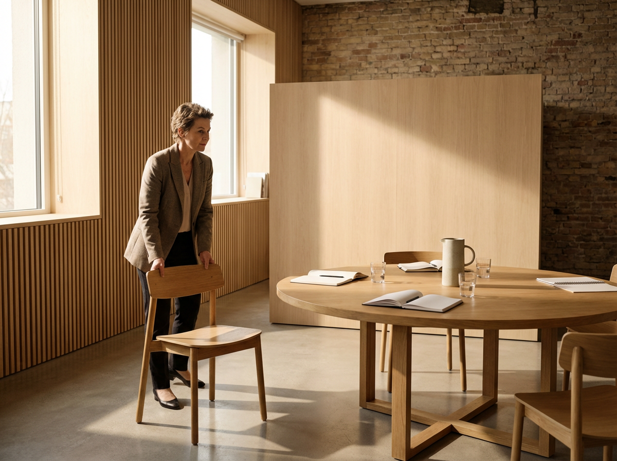 A woman in business attire bending over a wooden chair in a conference room with wooden walls and a round table with notebooks, glasses of water, a pitcher, and a notebook.