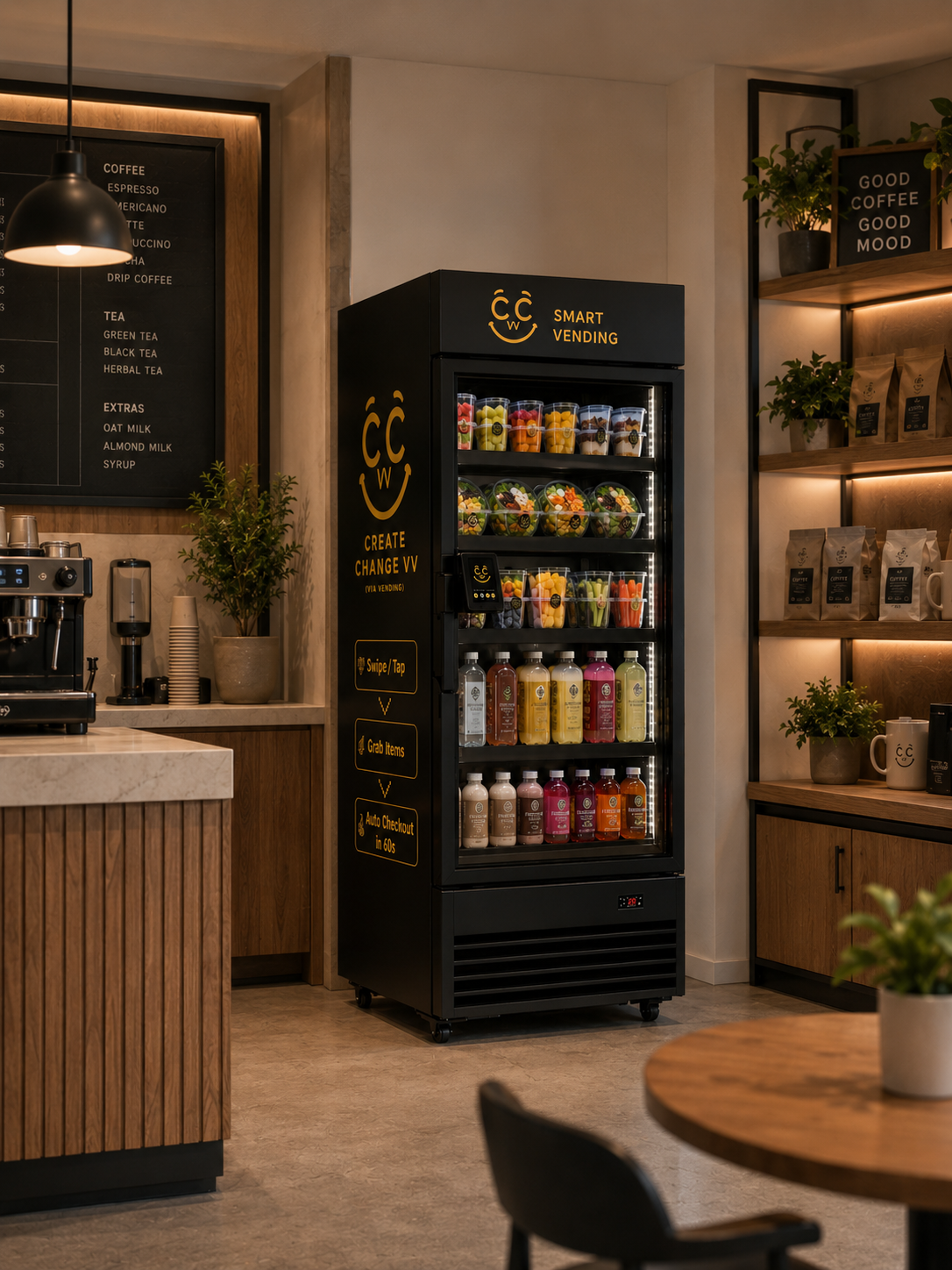 A vending machine in a coffee shop filled with bottled drinks and containers of cut fruit and salad.