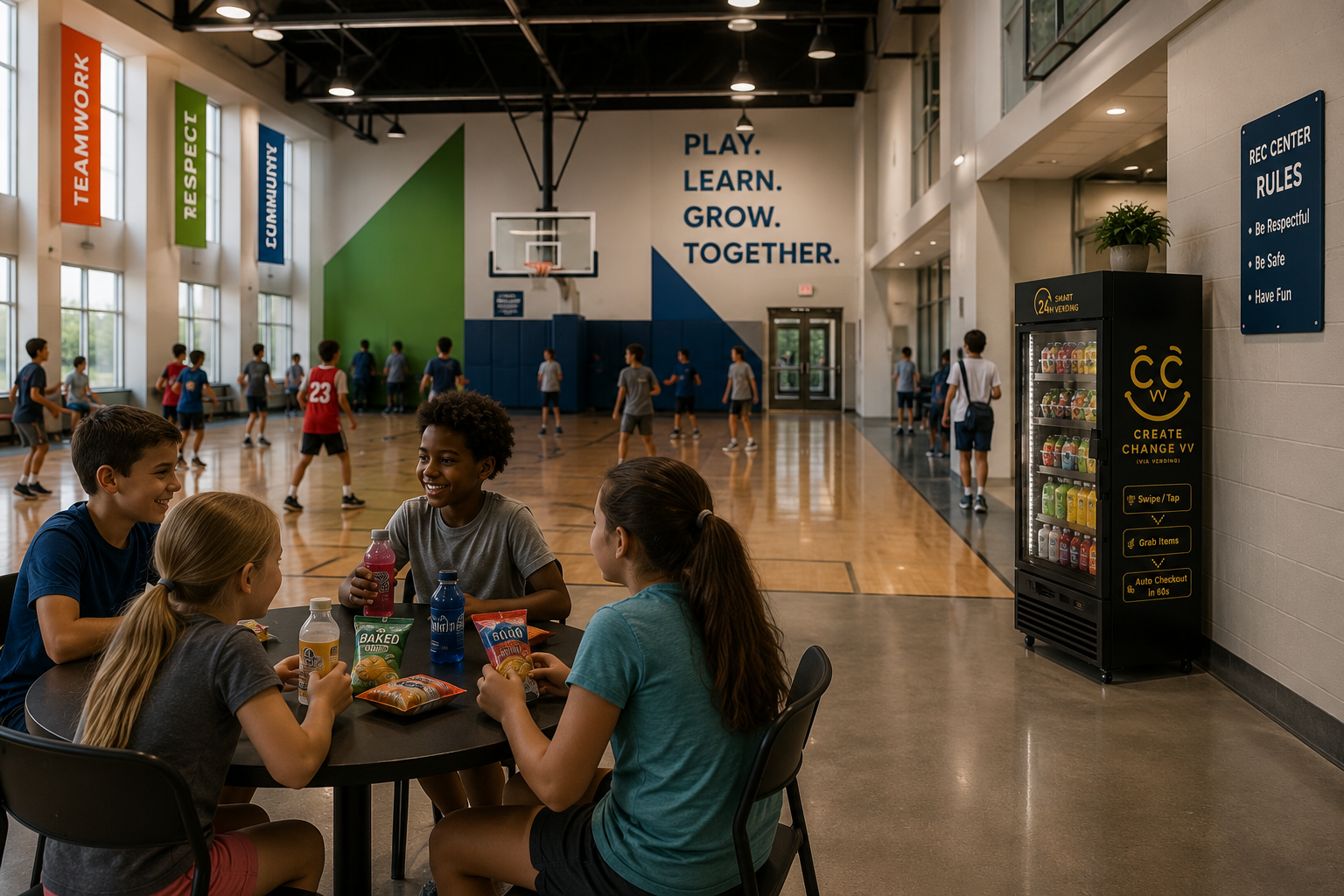 Kids sitting at a table in a school gym, with children playing basketball in the background, and banners and signs visible on the gym walls.