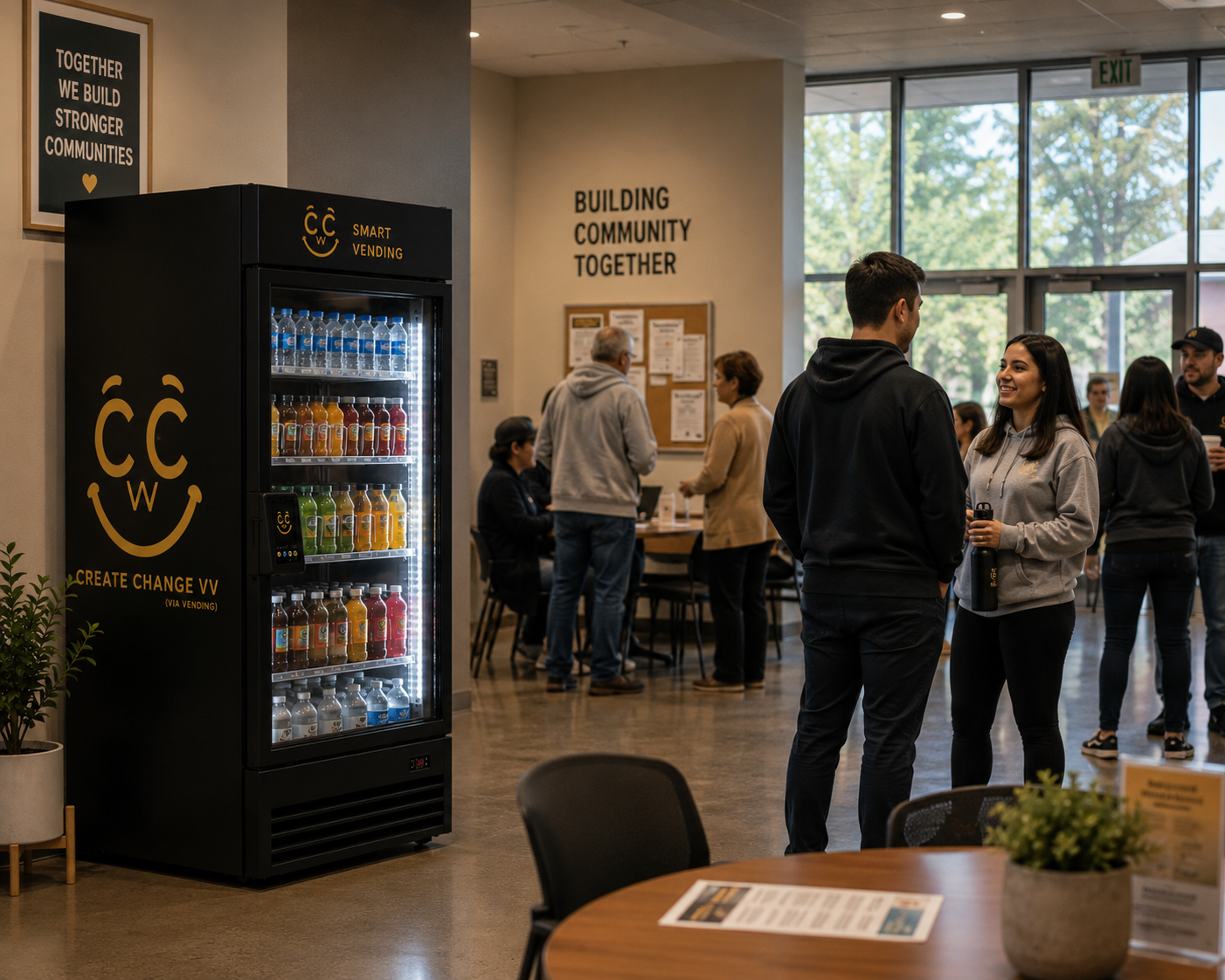 People socializing in a community space with a vending machine offering drinks, bulletin board, and motivational signs on the wall.