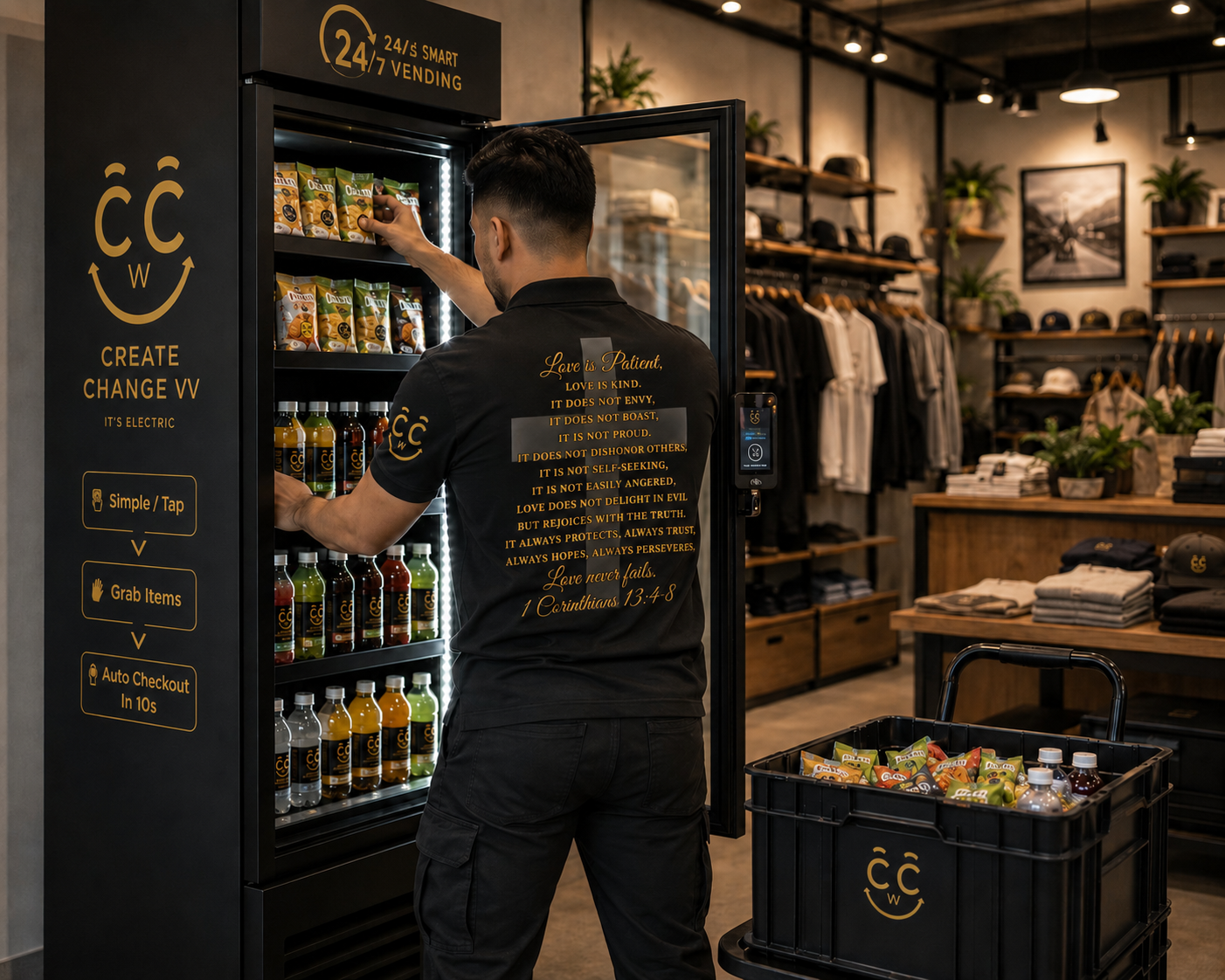 A man in a black shirt stocking snacks in a vending machine inside a clothing store. The vending machine offers drinks and chips, and has a sign on top that reads "24/7 Smart Vending." The store has clothing racks and shelves with hats and folded clothes in the background.
