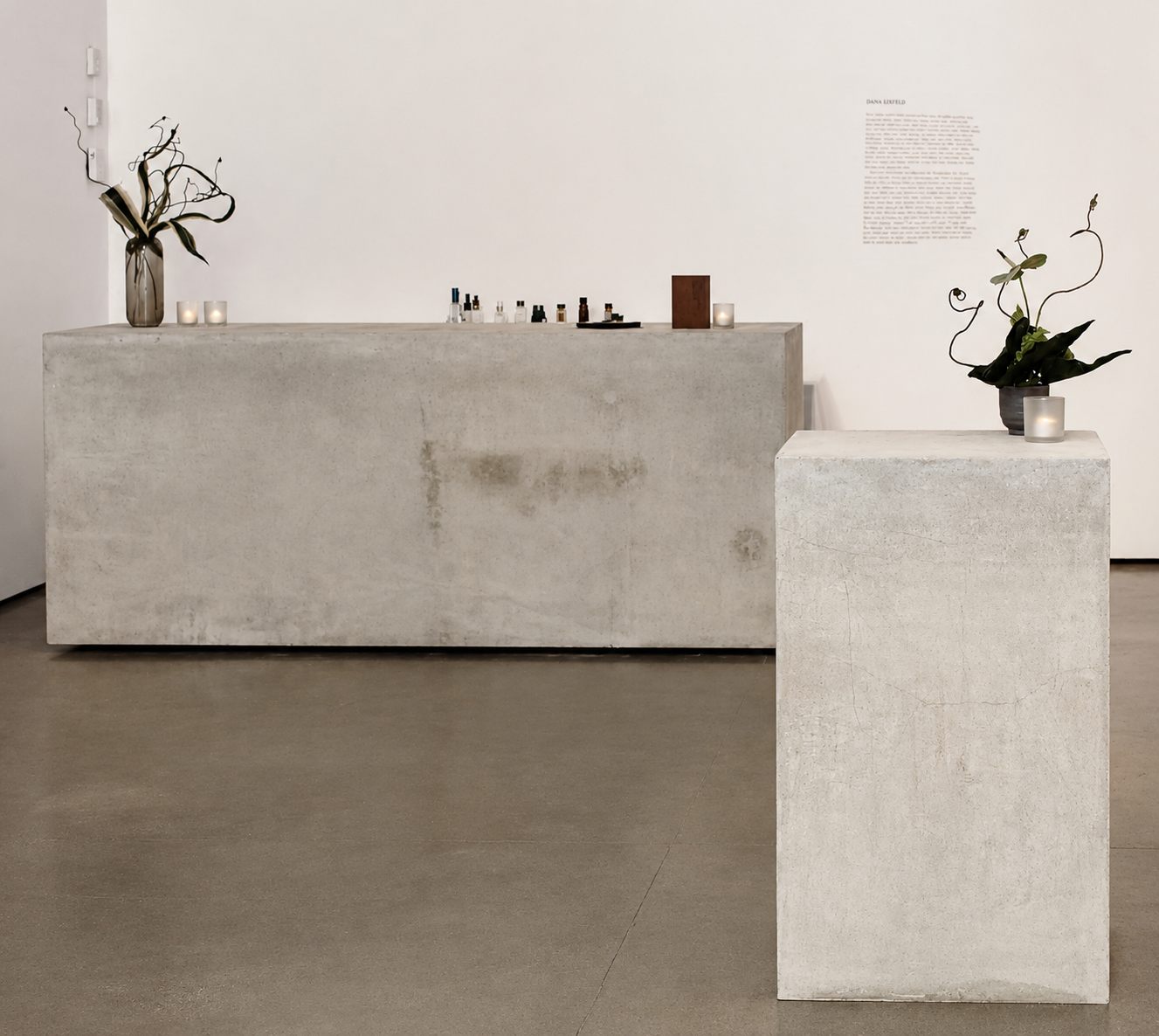 Minimalist interior with concrete pedestals, vases with plants, candles, and small bottles, against a white wall with a text plaque.