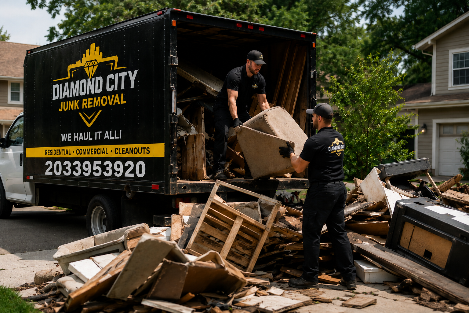 Two workers loading debris from a pile into a black junk removal truck with yellow and white lettering, parked in a residential neighborhood with houses and greenery in the background.