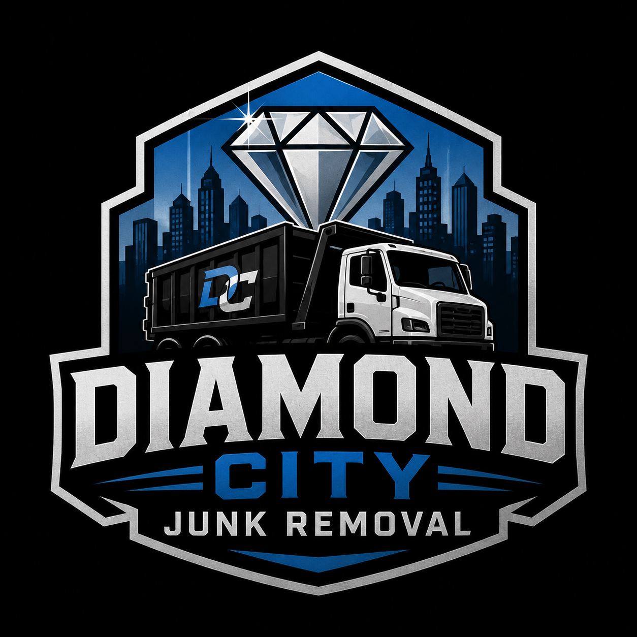 Logo for Diamond City Junk Removal featuring a city skyline, a pickup truck with the company's logo, and a large diamond icon.