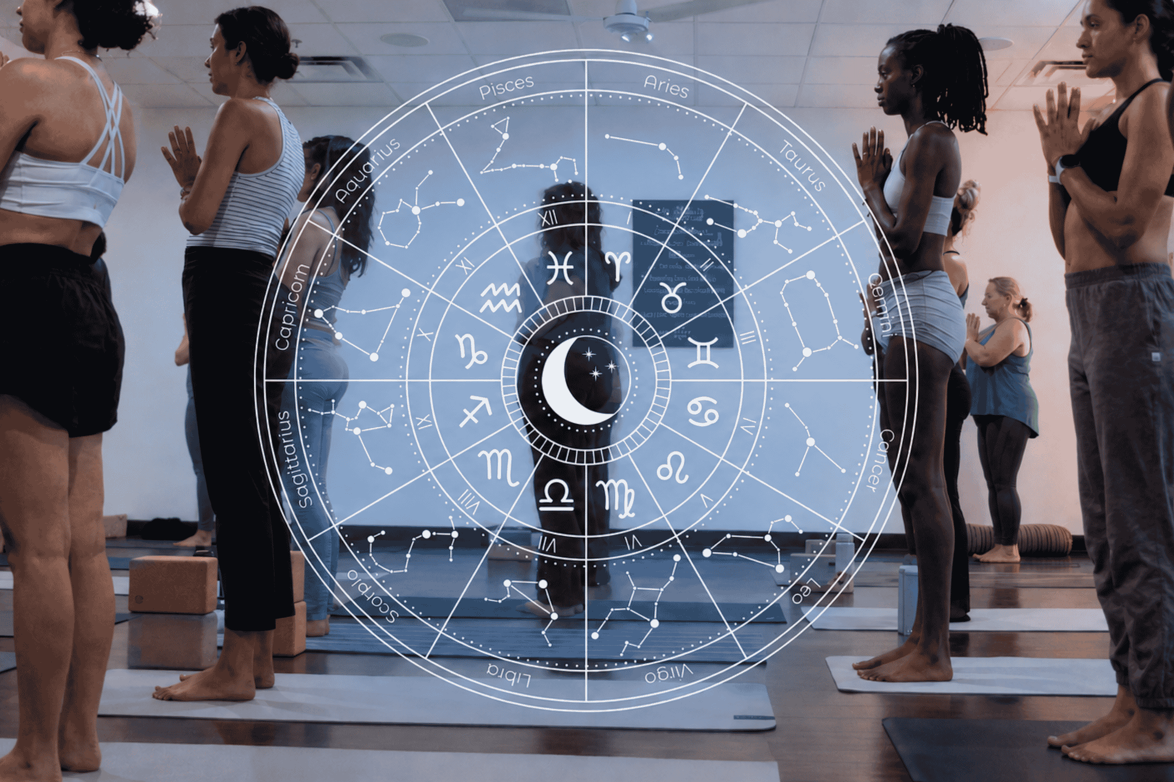 Zodiac wheel graphic layered over students standing on their mats in a yoga class