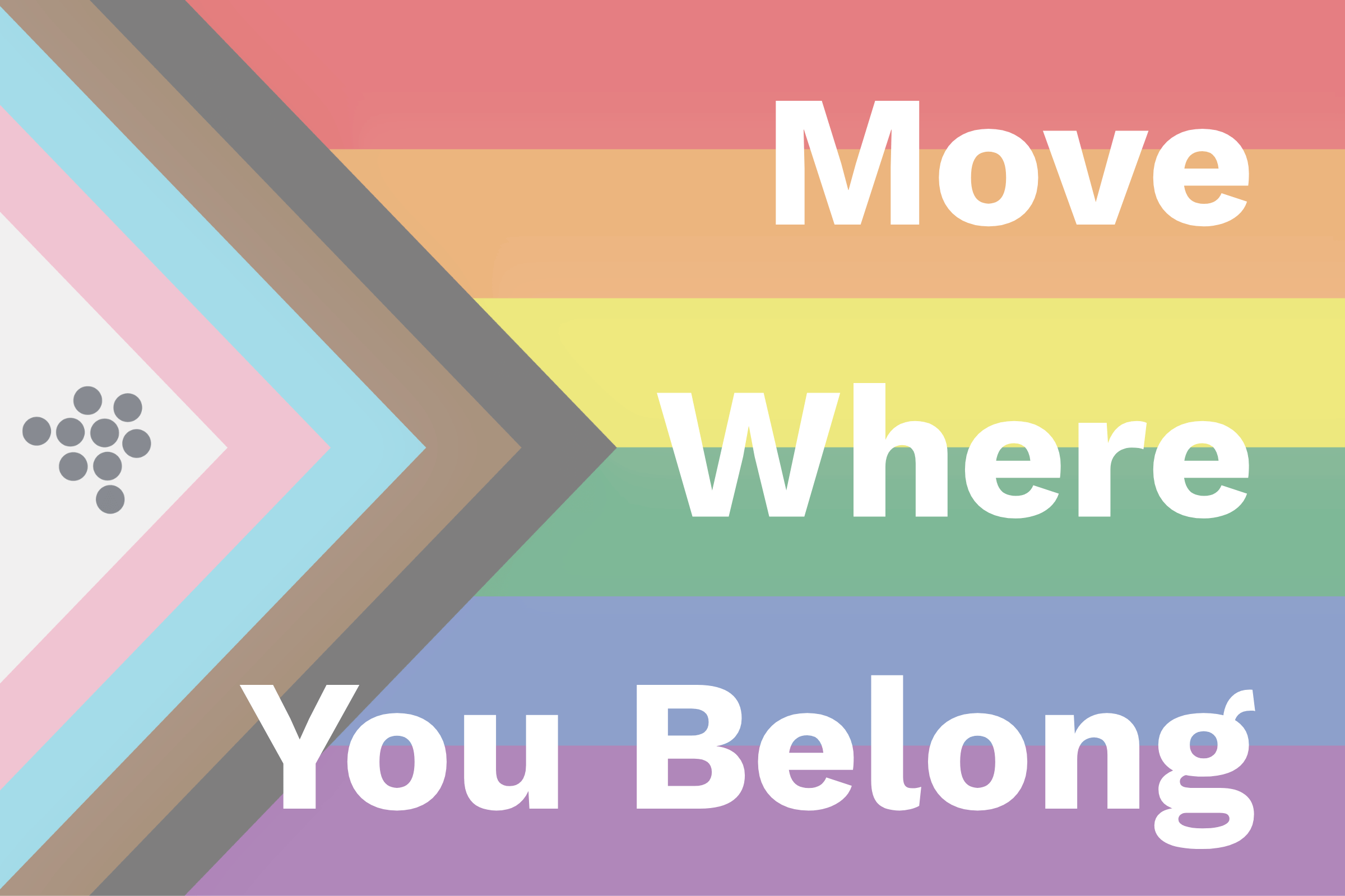 Progress Pride flag with the Yoga Pod Tucson logo and the words Move Where You Belong