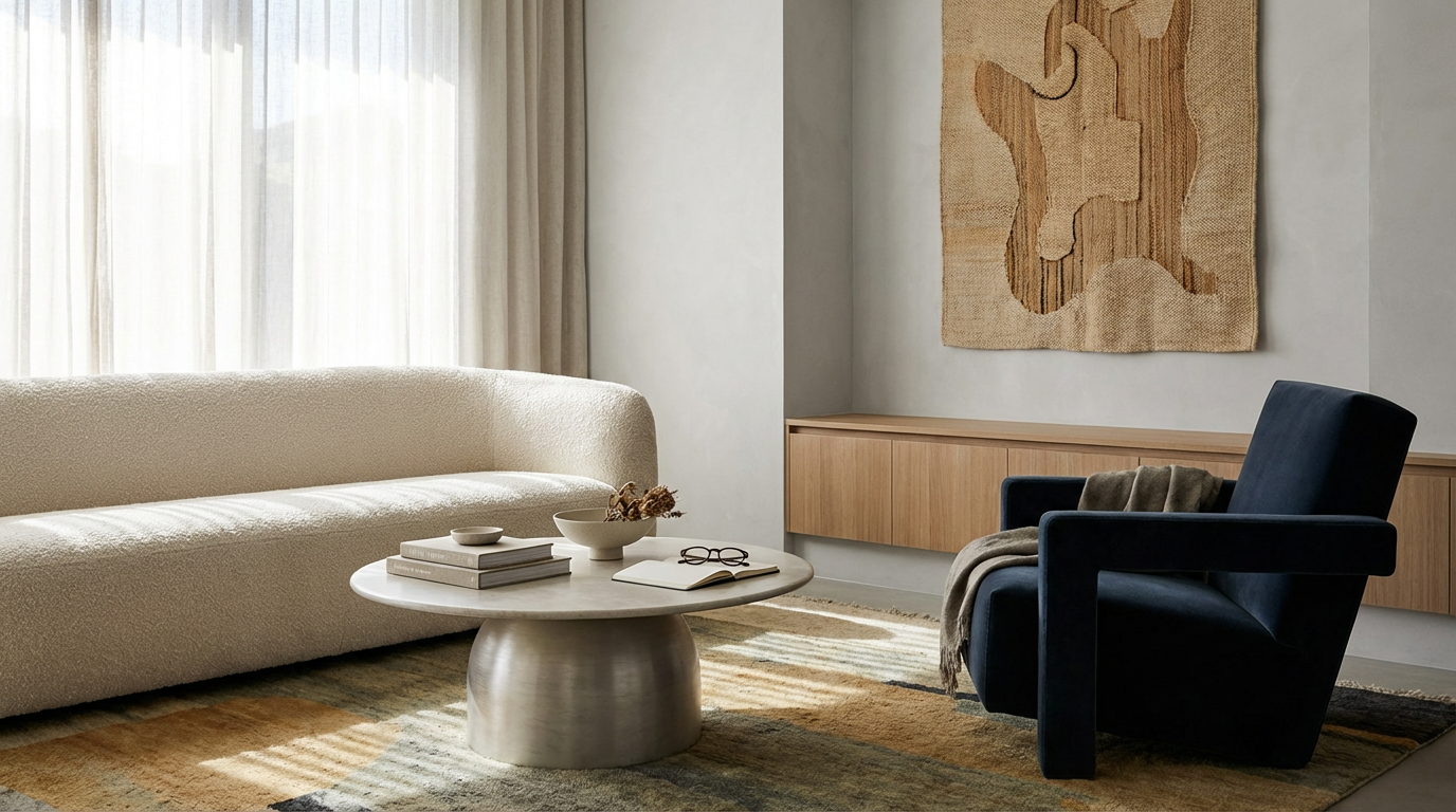 Modern living room with a beige sofa, a dark blue armchair, a round coffee table, a textured abstract artwork on the wall, and a window with sheer curtains.
