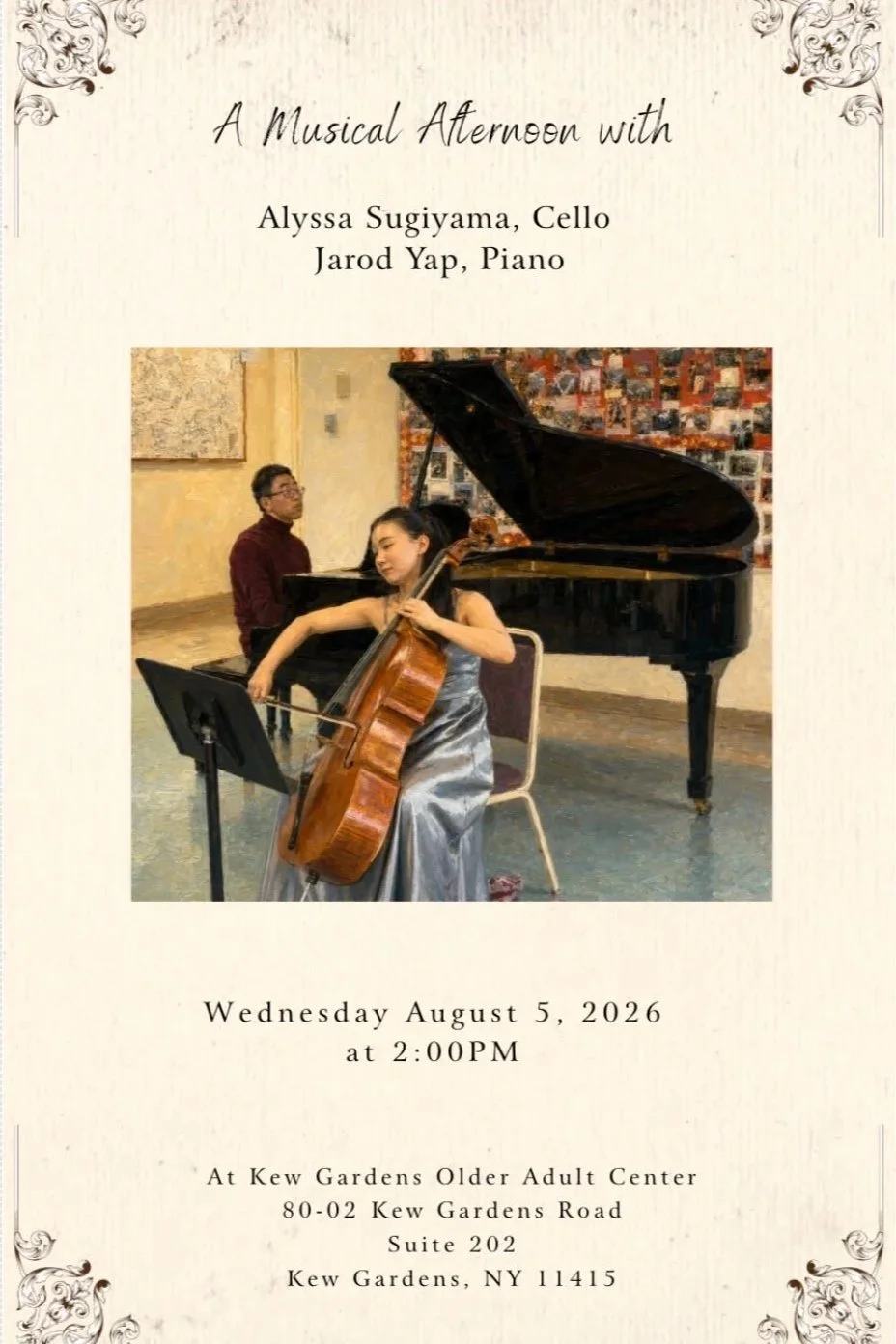 Flyer for a musical afternoon event with cellist Alyssa Sugiyama and pianist Jarod Yap, featuring a picture of them playing instruments.