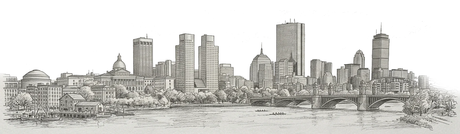 Pencil drawing of Boston skyline.