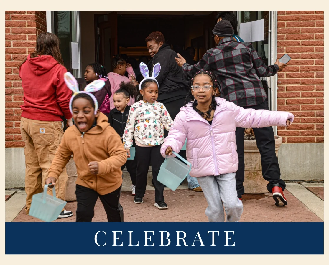 Headline of image says "CELEBRATE." Above shows a group of children running outdoors wearing bunny ears and carrying baskets, with three adult chaperones in their midst. 