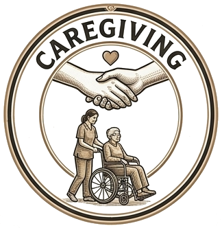 Circular icon with headline that says, "CAREGIVING" and center illustration of a caregiver pushing an elderly person in a wheelchair below an illustration of a heart above two clasped hands.