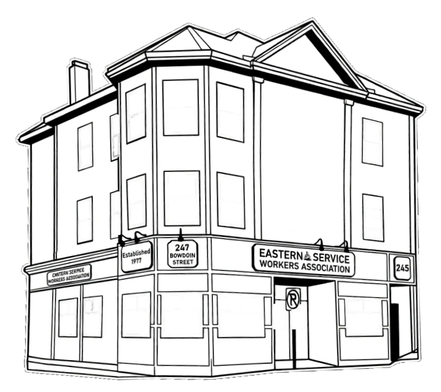 White logo illustration of the ESWA office building.