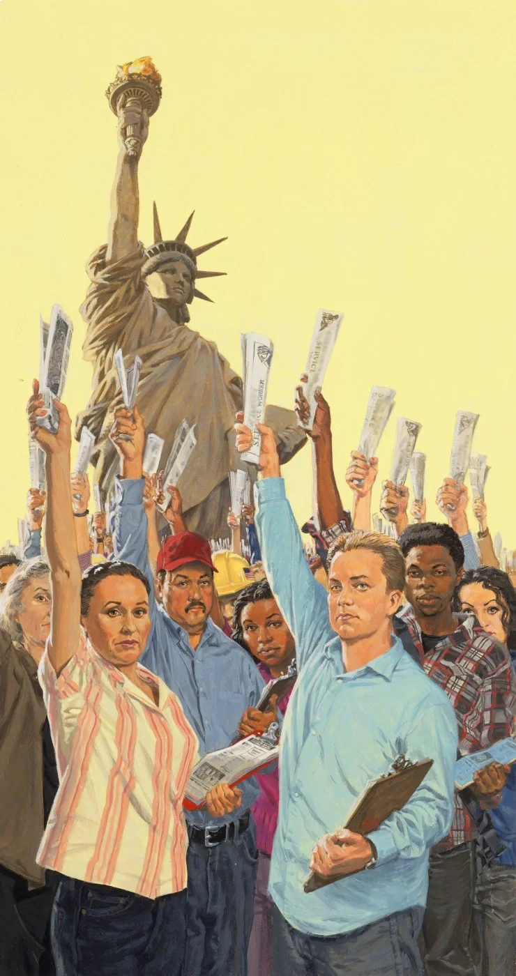 Illustration of a crowd of volunteers in front of the Statue of Liberty, each holding up a rolled-up newspaper and clipboard.