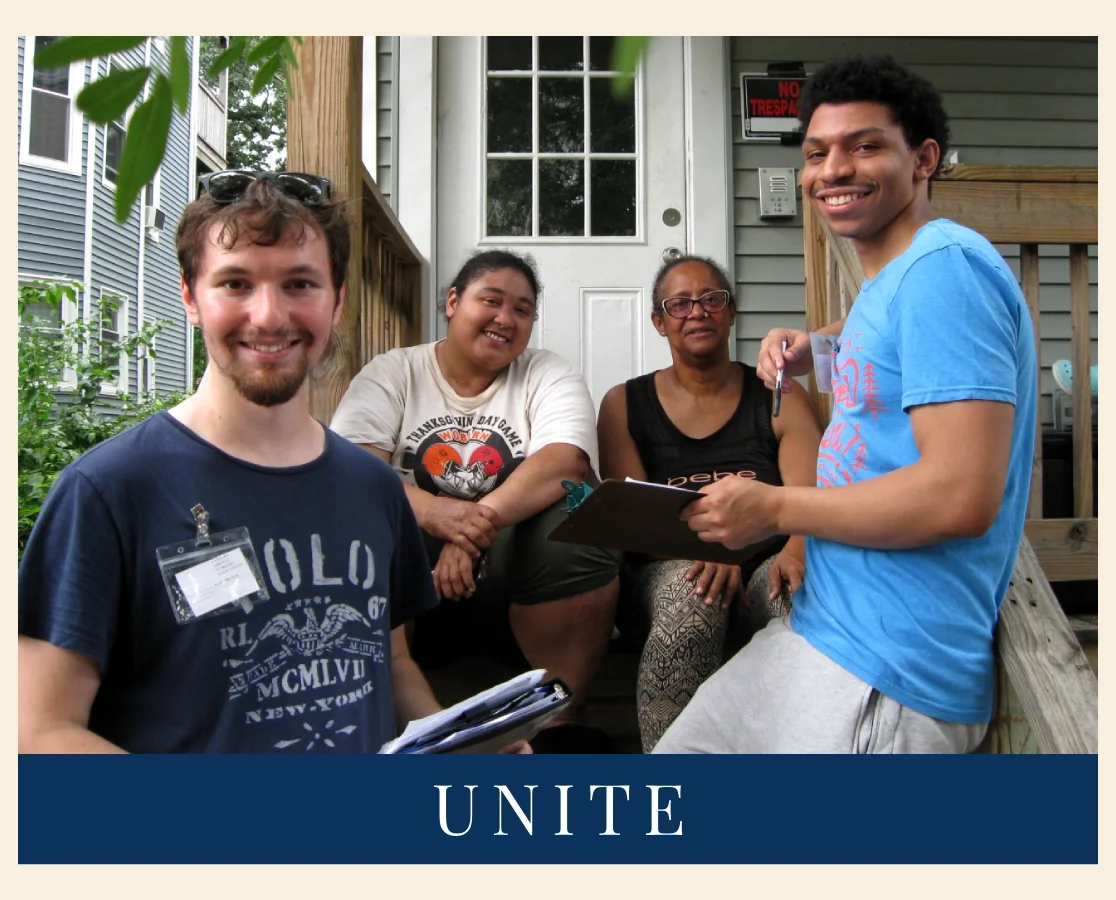 Headline of image says "UNITE." Above shows four smiling young organizers and members. 