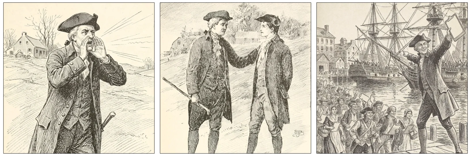 Three-panel illustration of a man dressed in 18th century American colonial garb calling out, talking to another man, and then finally smiling at the head of a crowd, holding a clipboard and pointing to ships in the background.