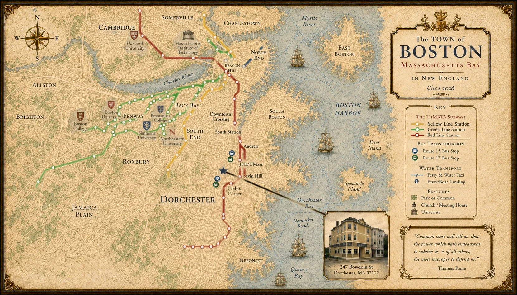 A colonial-era style map of Boston showing where the ESWA office is, train routes and a quote in the bottom right by Thomas Paine's Common Sense.
