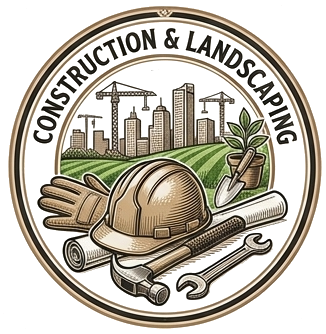 Circular icon with headline that says "CONSTRUCTION & LANDSCAPING" and center illustration of a city skyline with multiple cranes and construction hat, glove and tools.