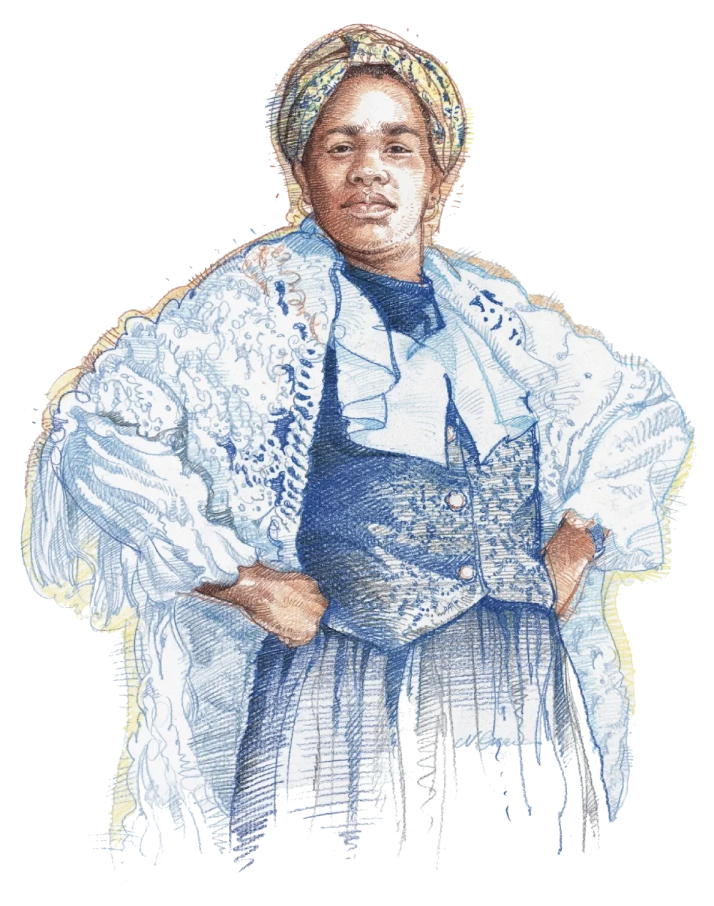 Illustration of a woman standing straight with her arms akimbo.