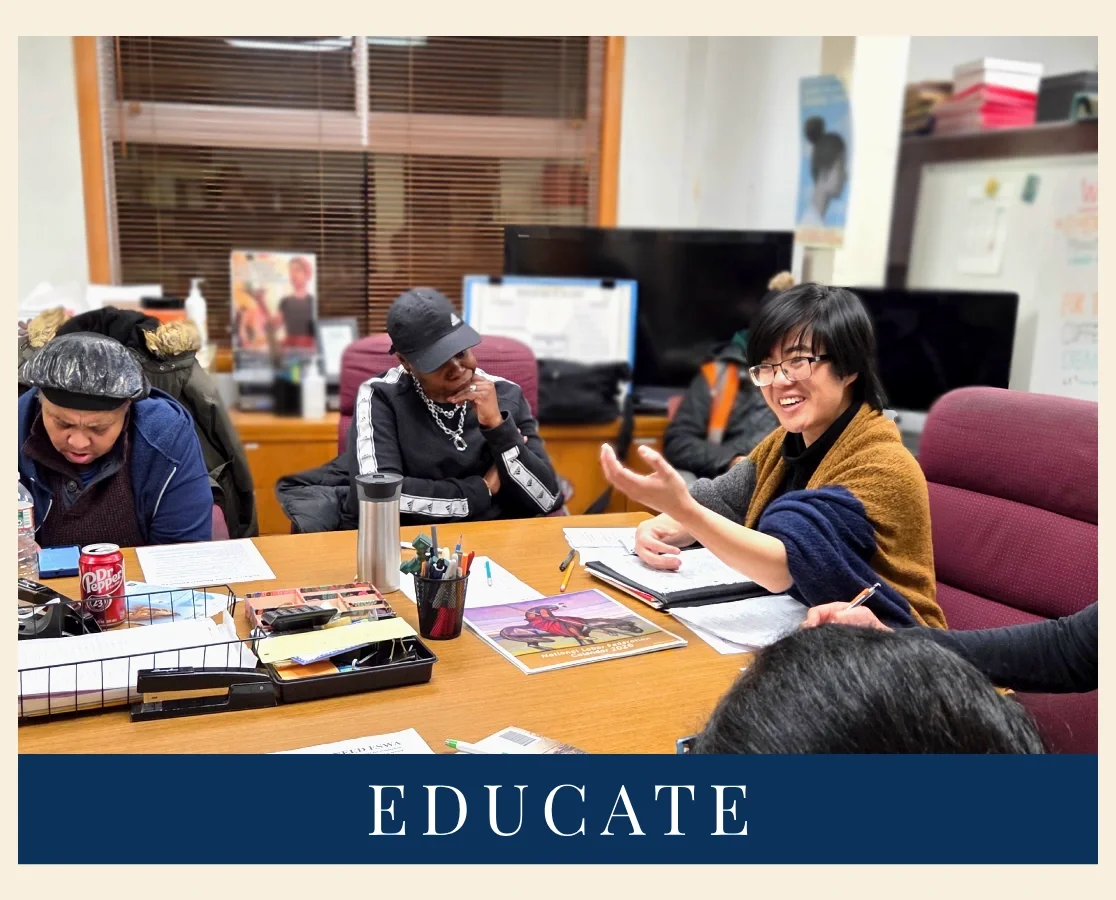 Headline of image says "EDUCATE." Above shows smiling woman at head of table gesturing with her hand surrounded by three members listening. 