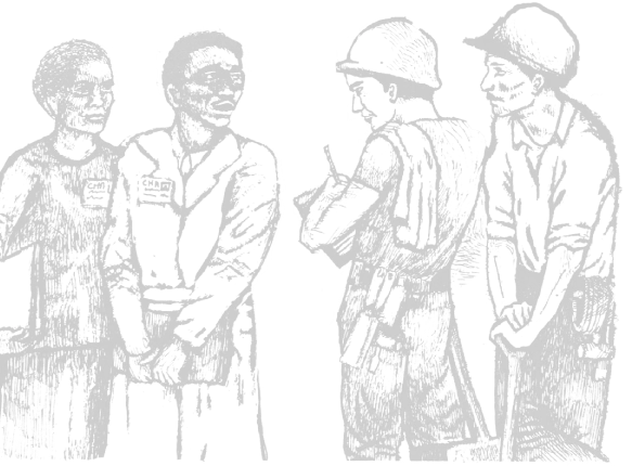 Pencil drawing of two organizers standing with two construction workers, one of whom is signing up as a member.