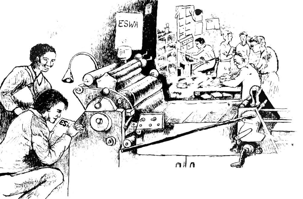 Line illustration of volunteers operating a printing press.
