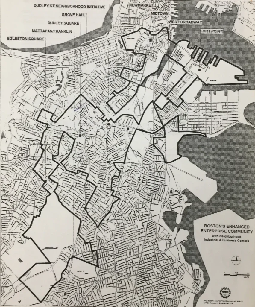 Grayscaled map of Boston with an irregular shape outlined in bold and labels of different neighborhoods.