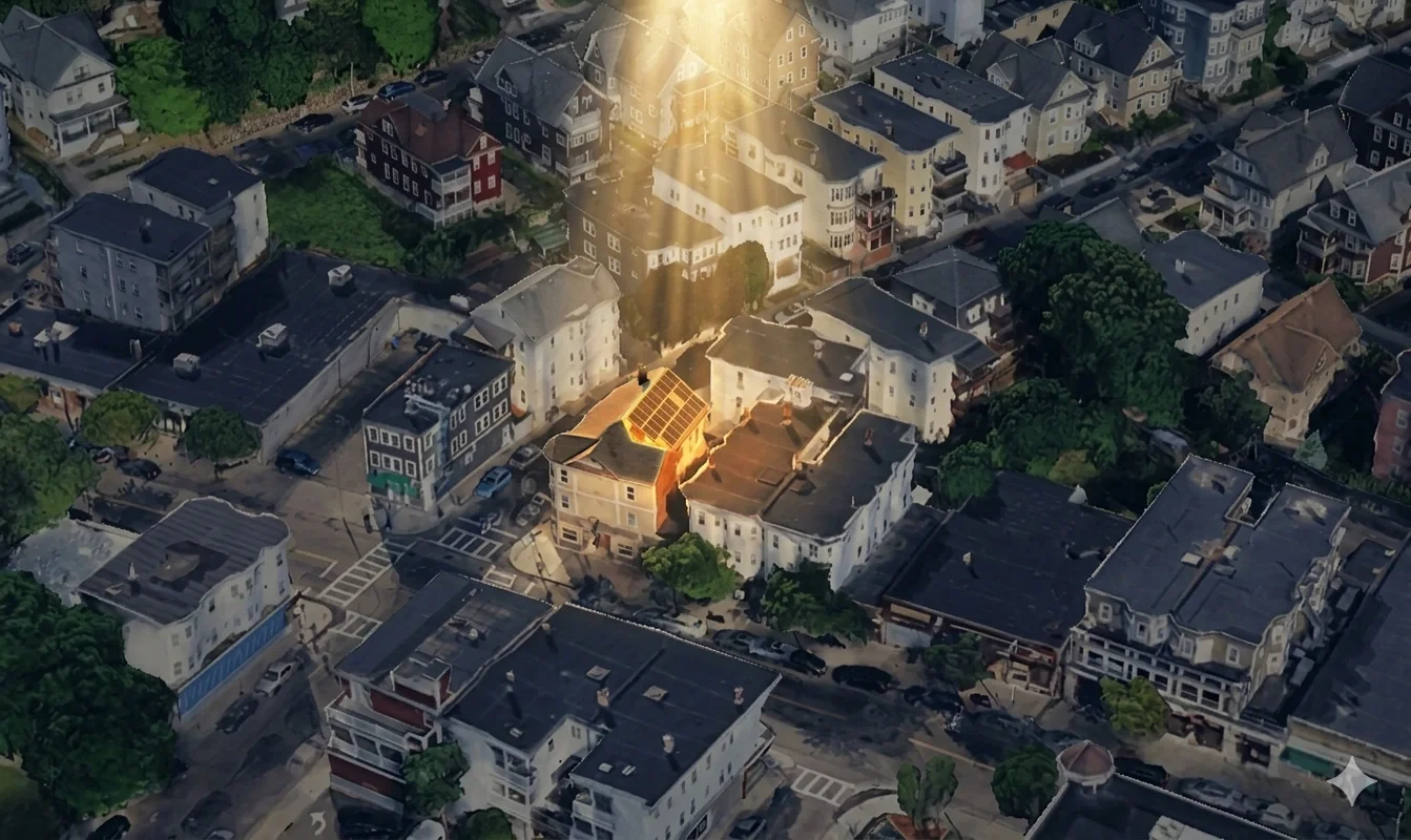Darkened aerial view of ESWA's neighborhood with golden rays shining upon the rooftop-mounted solar panels of the ESWA office.